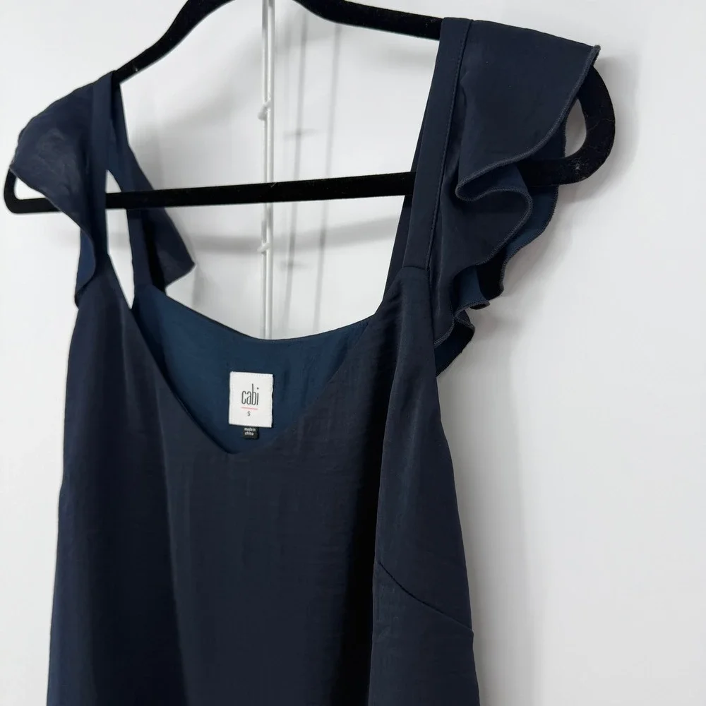 Cabi Ruffle Strap Tank Top Womens Small Navy Blue Layered V-Neck Ruffle Staple